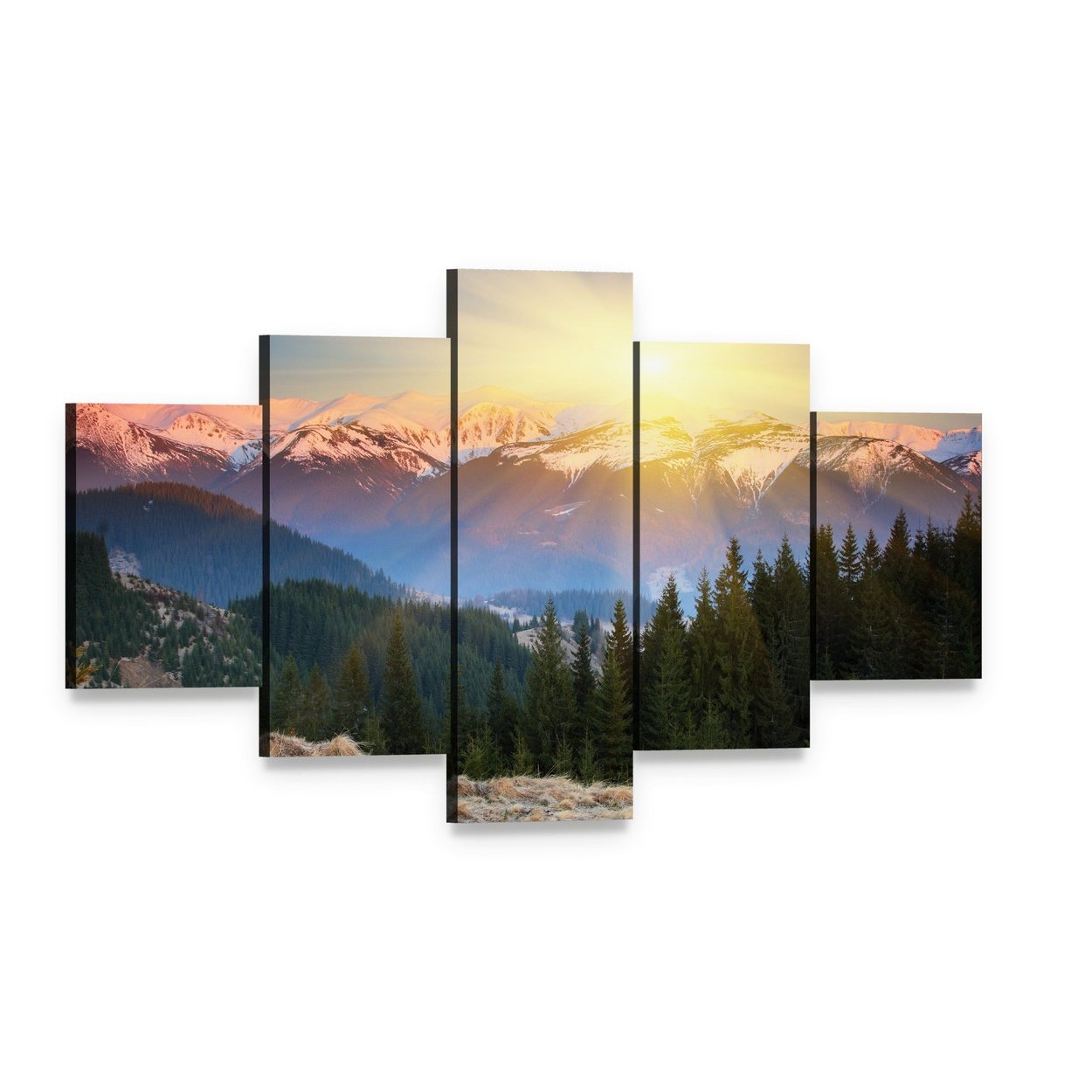 Snow-capped Mountain Sunrise with Pine Forest Canvas Wall Art, 5 panel 5 Star layout gallery wrapped canvas set, angled product view