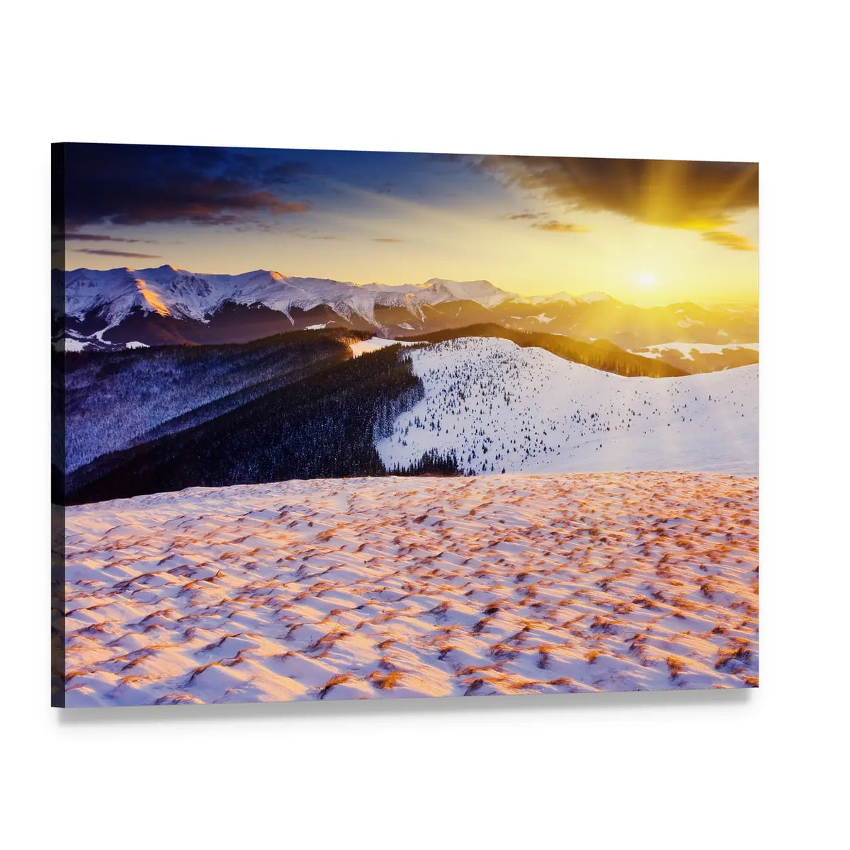 Sunset Over Snowy Mountains Canvas Wall Art, single panel gallery wrapped canvas, angled product view