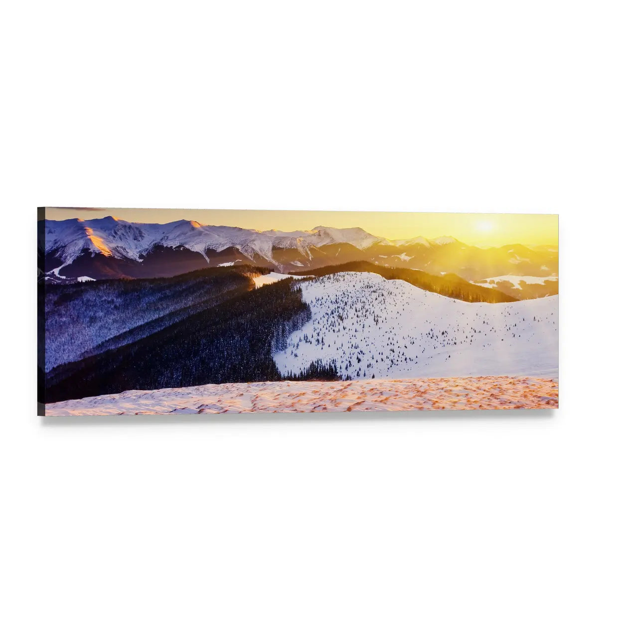 Sunset Over Snowy Mountain Peaks Panoramic Canvas Wall Art, single panel gallery wrapped canvas, angled product view