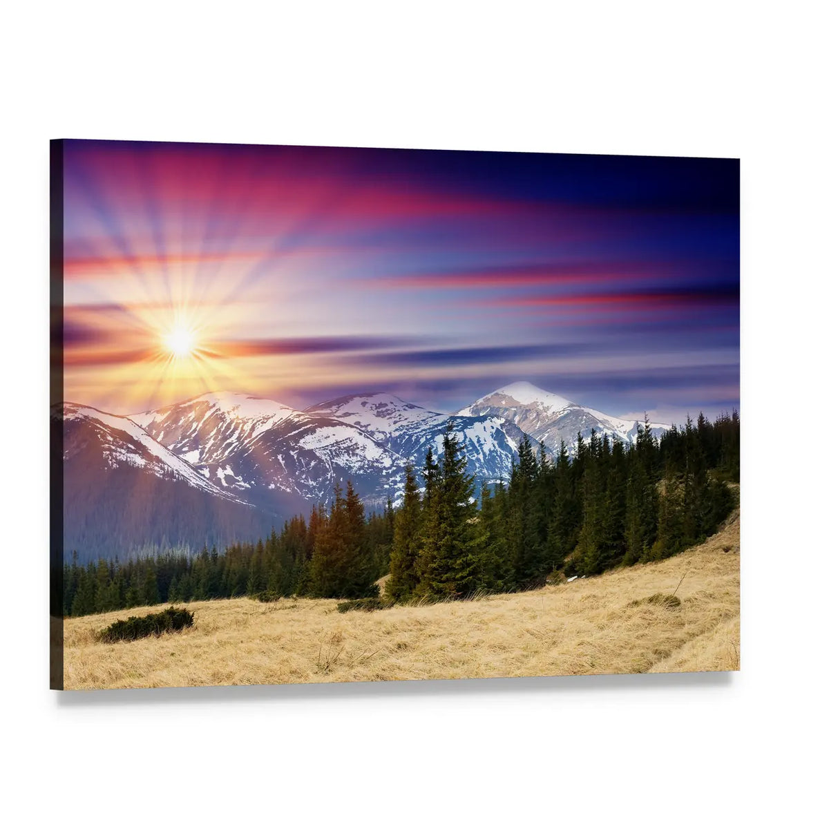 Snowy Mountain Sunrise with Sun Rays Canvas Wall Art, single panel gallery wrapped canvas, angled product view