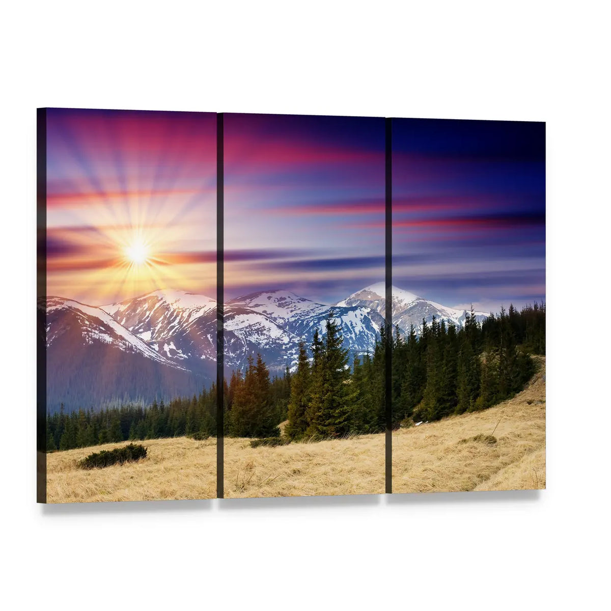 Snowy Mountain Sunrise with Sun Rays Canvas Wall Art, 3 panel 3 Horizontal layout gallery wrapped canvas set, angled product view