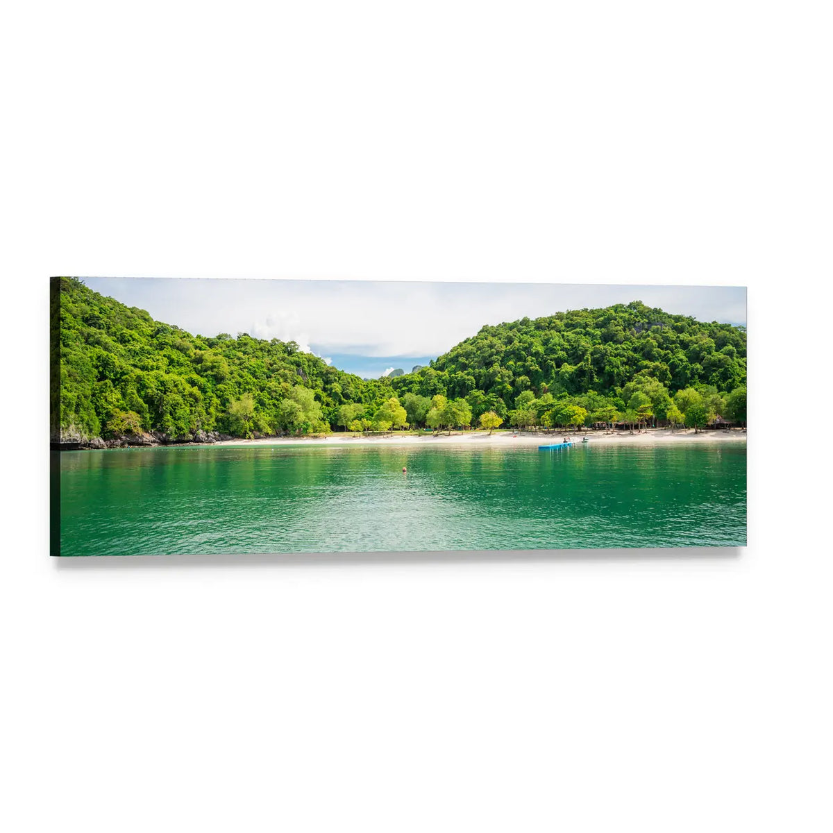 Ang Thong Turquoise Bay and Green Hills Panoramic Canvas Wall Art, single panel gallery wrapped canvas, angled product view