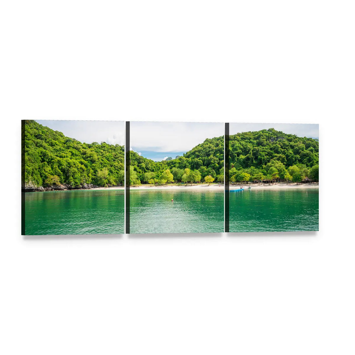 Ang Thong Turquoise Bay and Green Hills Panoramic Canvas Wall Art, 3 panel 3 Piece layout gallery wrapped canvas set, angled product view
