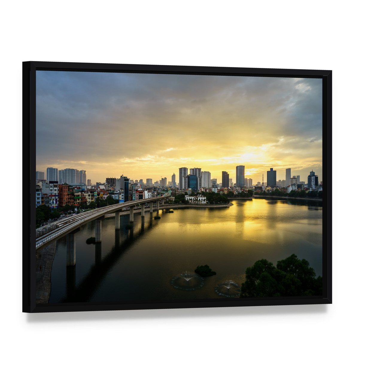 Hanoi Skyline Over Hoang Cau Lake Canvas Wall Art, framed canvas in a black floater frame, angled product view