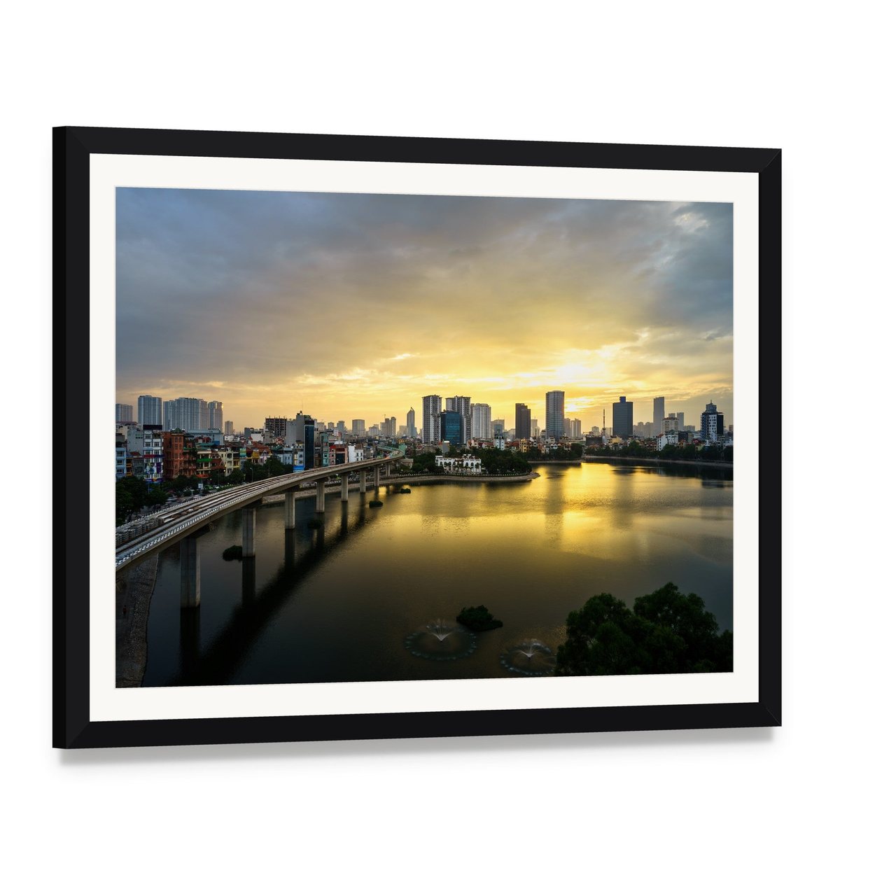 Hanoi Skyline Over Hoang Cau Lake Canvas Wall Art, framed print with white mat and black frame, angled product view
