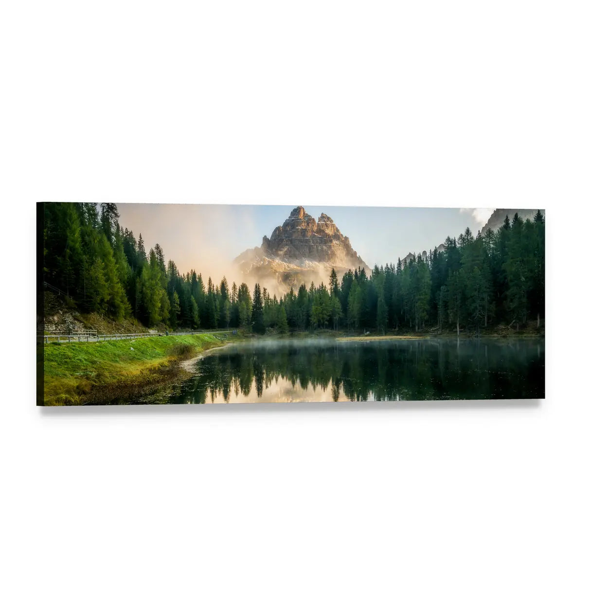 Antorno Lake with Dolomites Panoramic Canvas Wall Art, single panel gallery wrapped canvas, angled product view