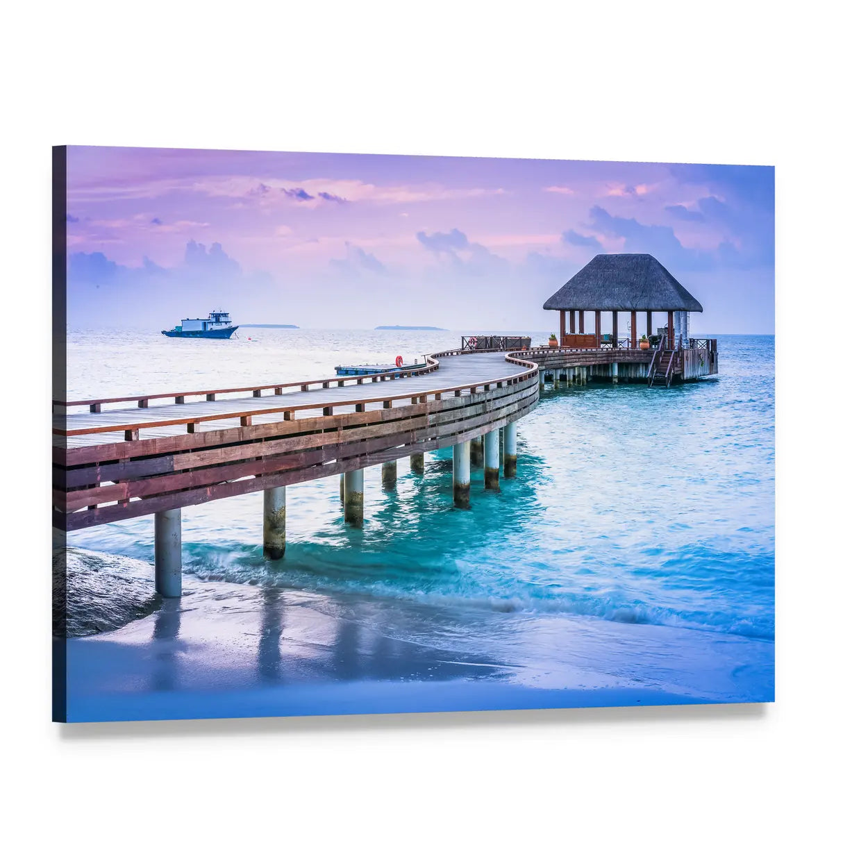 Curving Wooden Pier at Tropical Sunset Canvas Wall Art, single panel gallery wrapped canvas, angled product view