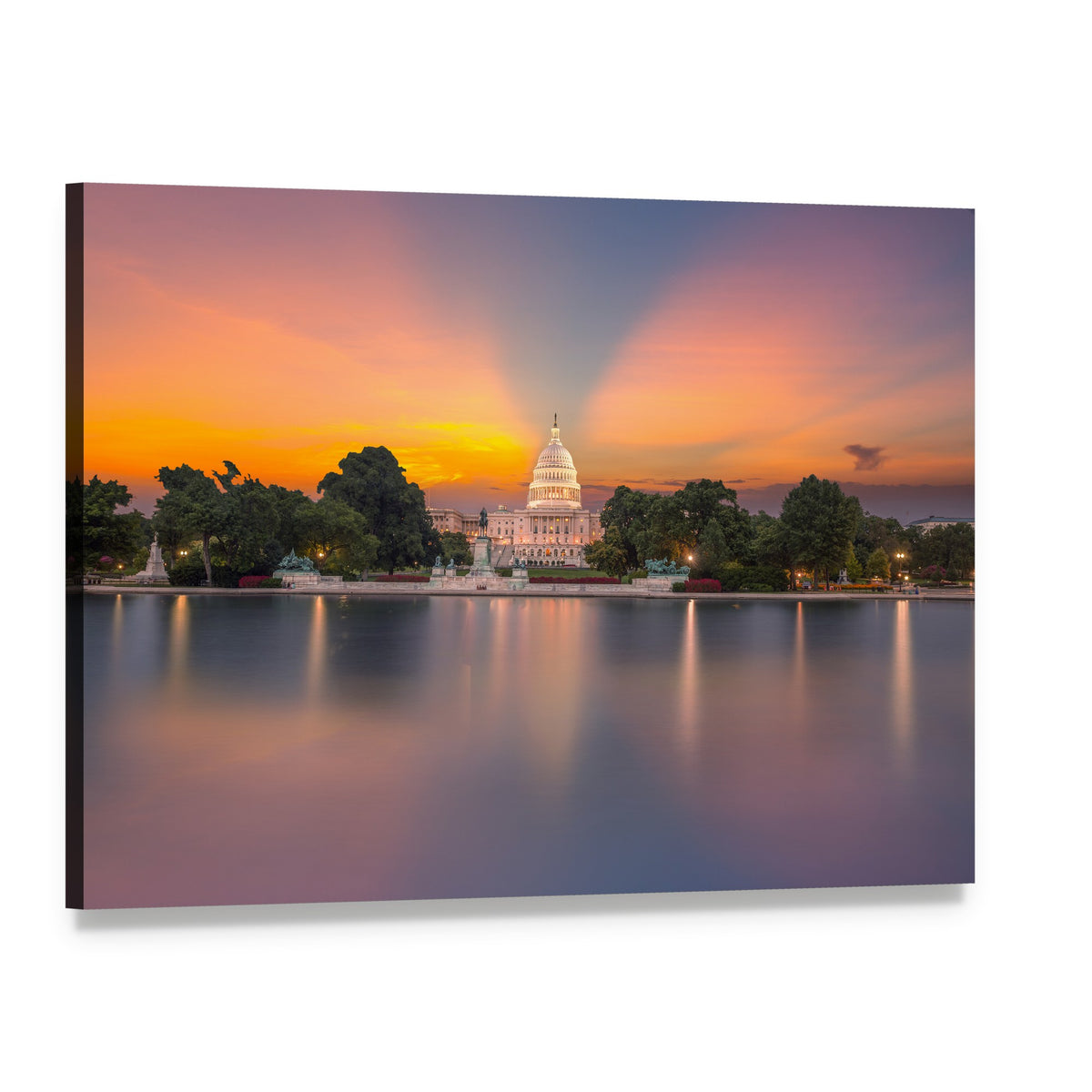 Us Capitol Reflection at Sunset Canvas Wall Art, single panel gallery wrapped canvas, angled product view