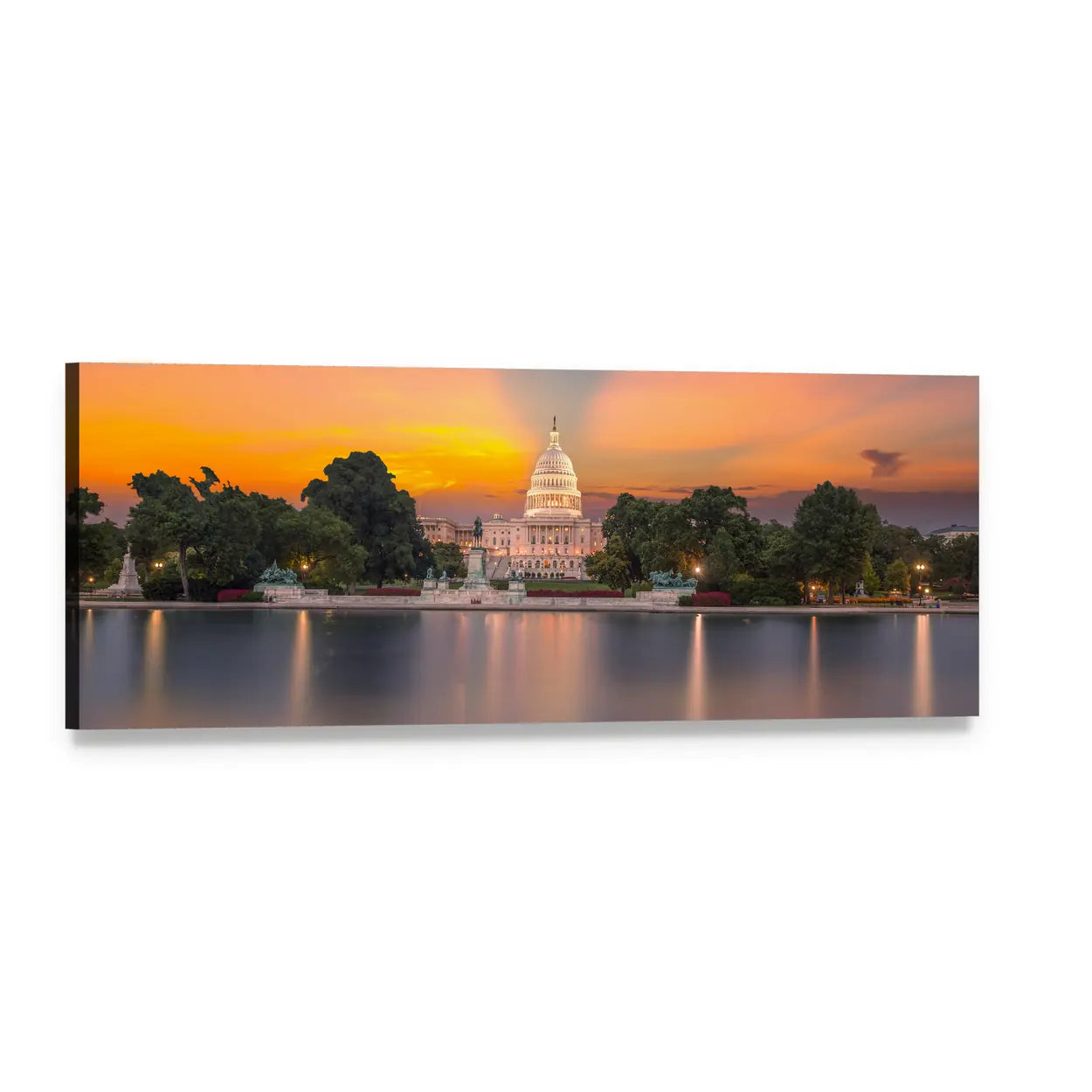 Us Capitol Reflection at Sunset Panoramic Canvas Wall Art, single panel gallery wrapped canvas, angled product view