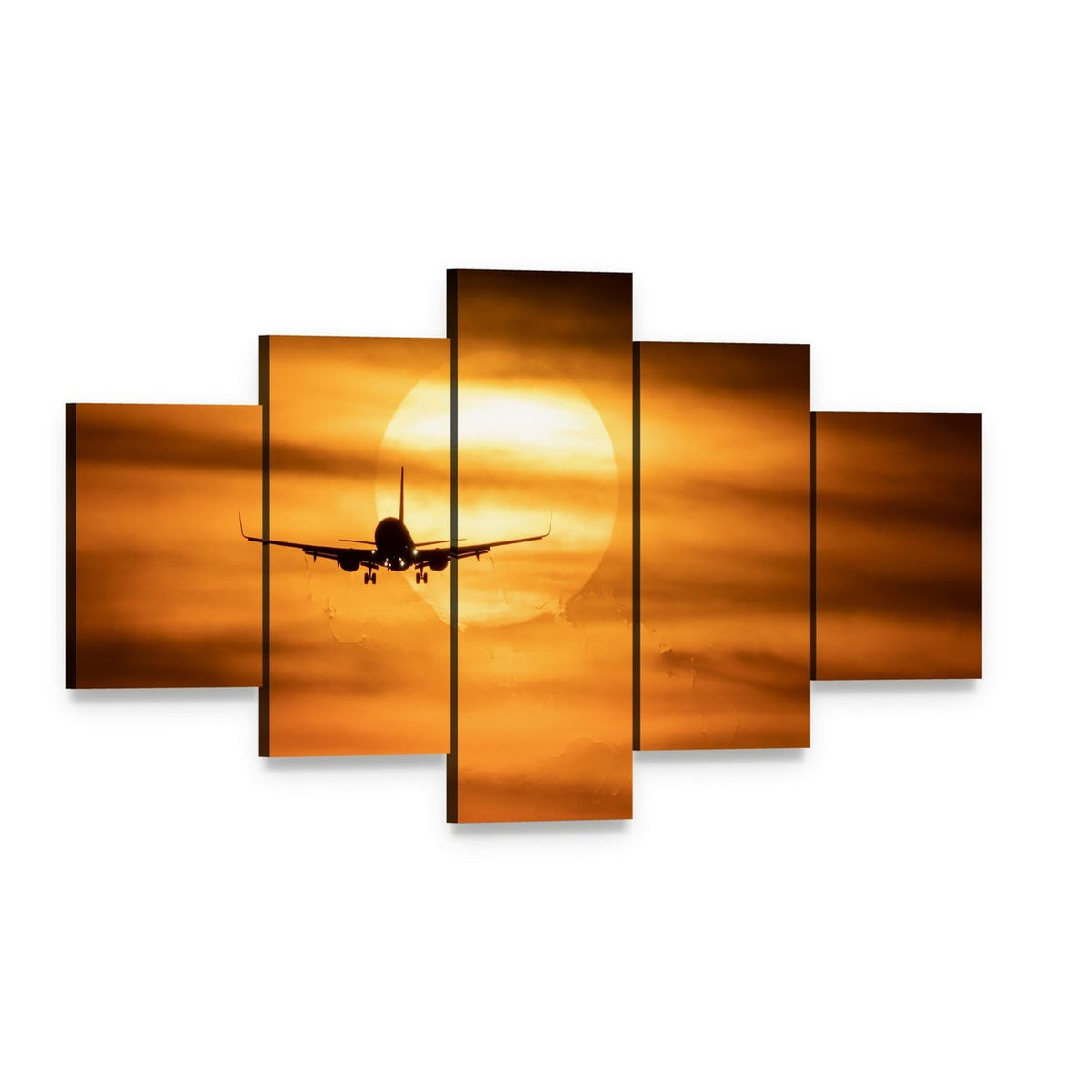 Airplane Silhouette at Sunset Canvas Wall Art, 5 panel 5 Star layout gallery wrapped canvas set, angled product view