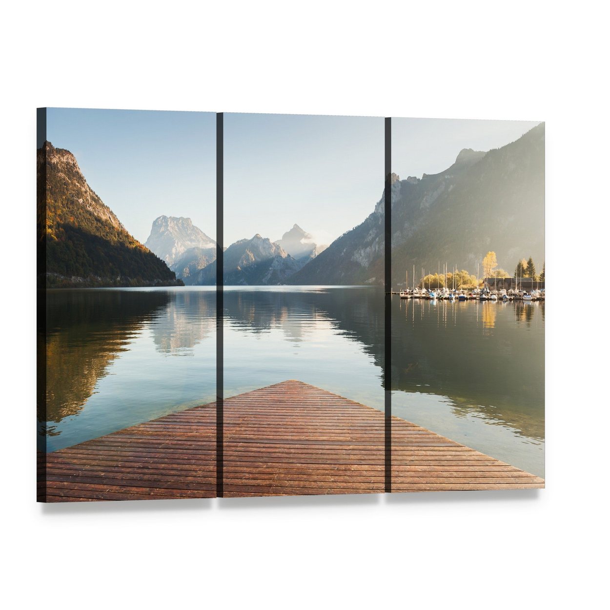Wooden Pier on Alpine Lake Canvas Wall Art, 3 panel 3 Horizontal layout gallery wrapped canvas set, angled product view