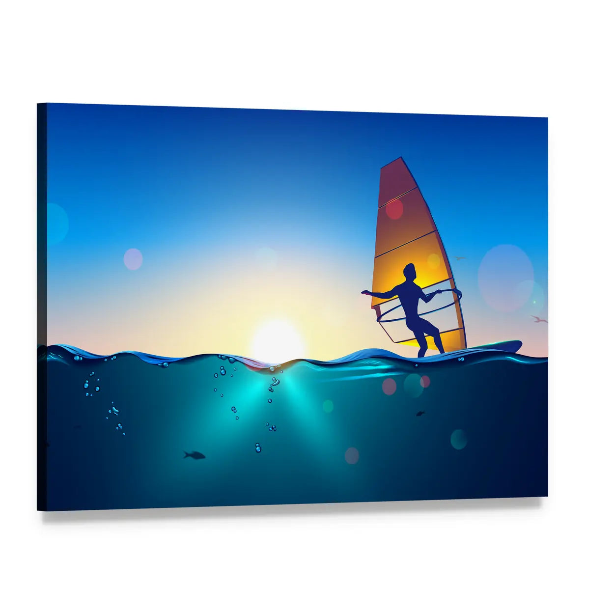 Split-view Windsurfer at Sunset Canvas Wall Art, single panel gallery wrapped canvas, angled product view