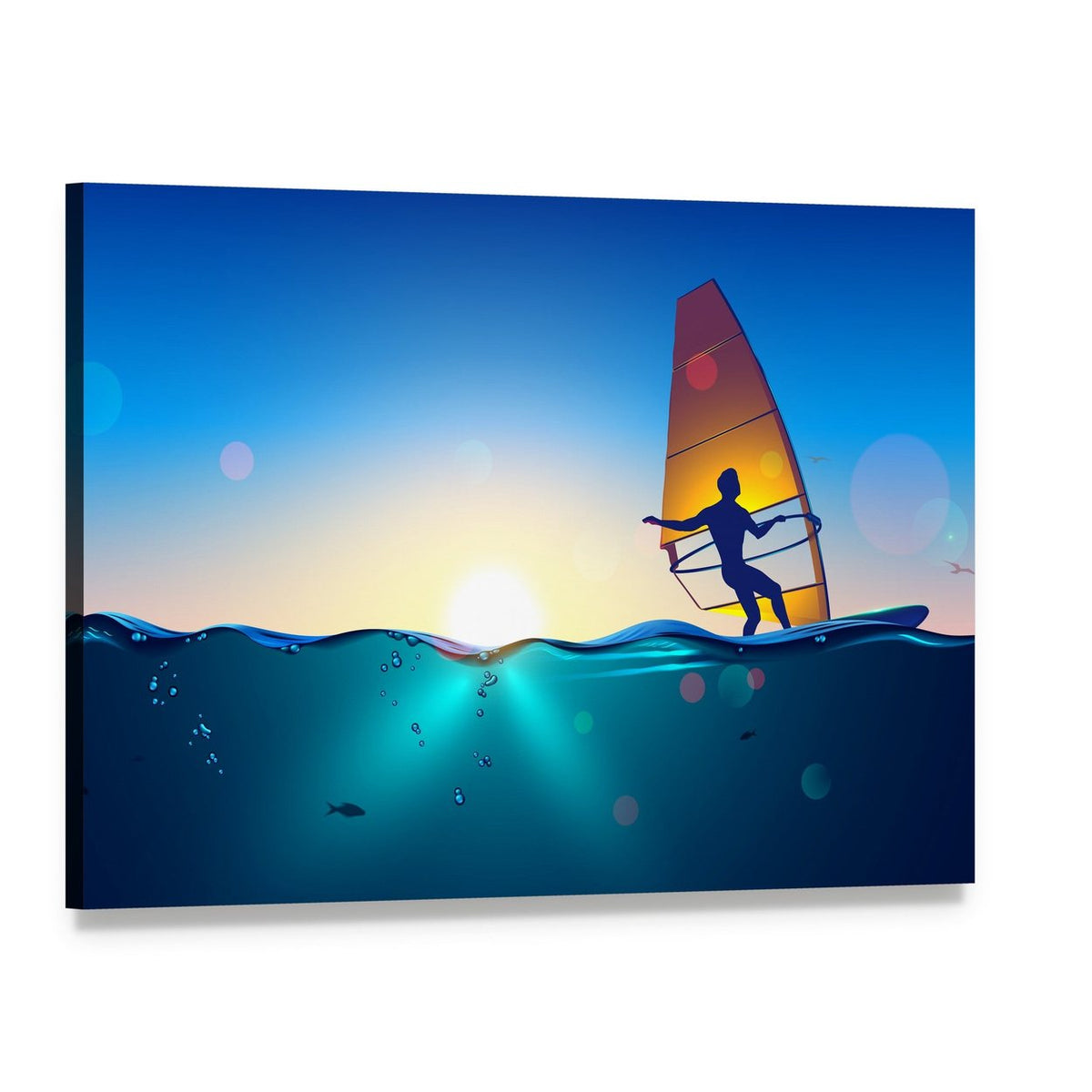 Sunset Windsurfing Scene Canvas Wall Art, single panel gallery wrapped canvas, angled product view