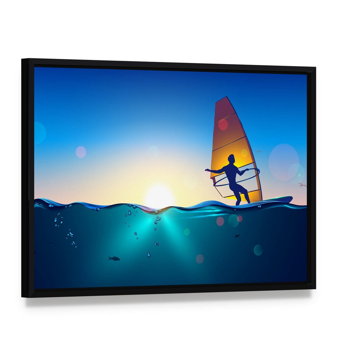 Sunset Windsurfing Scene Canvas Wall Art, framed canvas in a black floater frame, angled product view