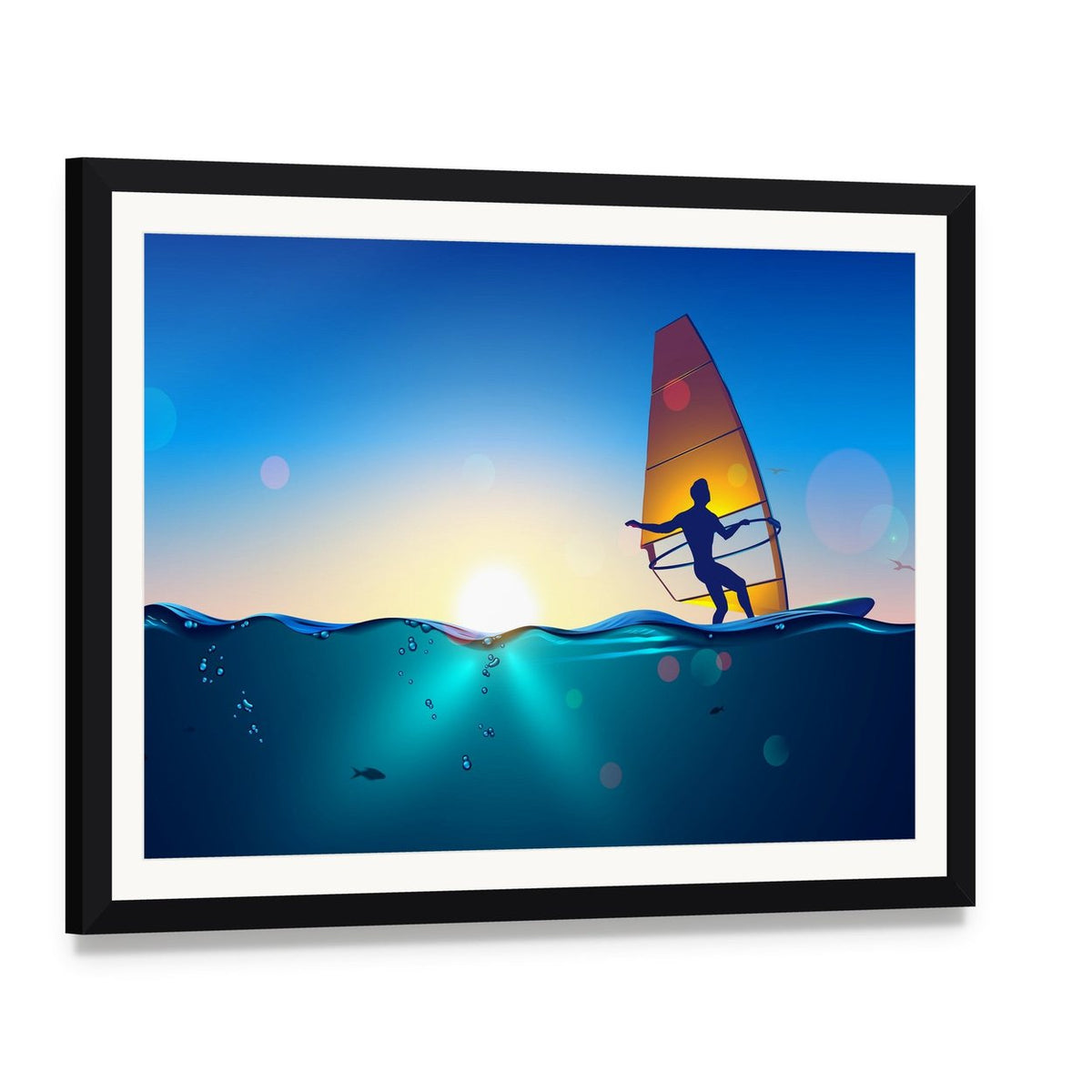 Sunset Windsurfing Scene Canvas Wall Art, framed print with white mat and black frame, angled product view