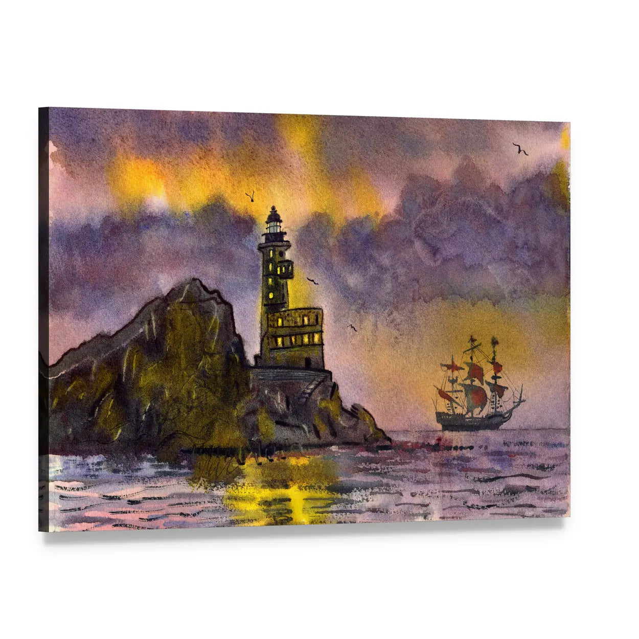 Lighthouse at Sunset with Sailing Ship Canvas Wall Art, single panel gallery wrapped canvas, angled product view