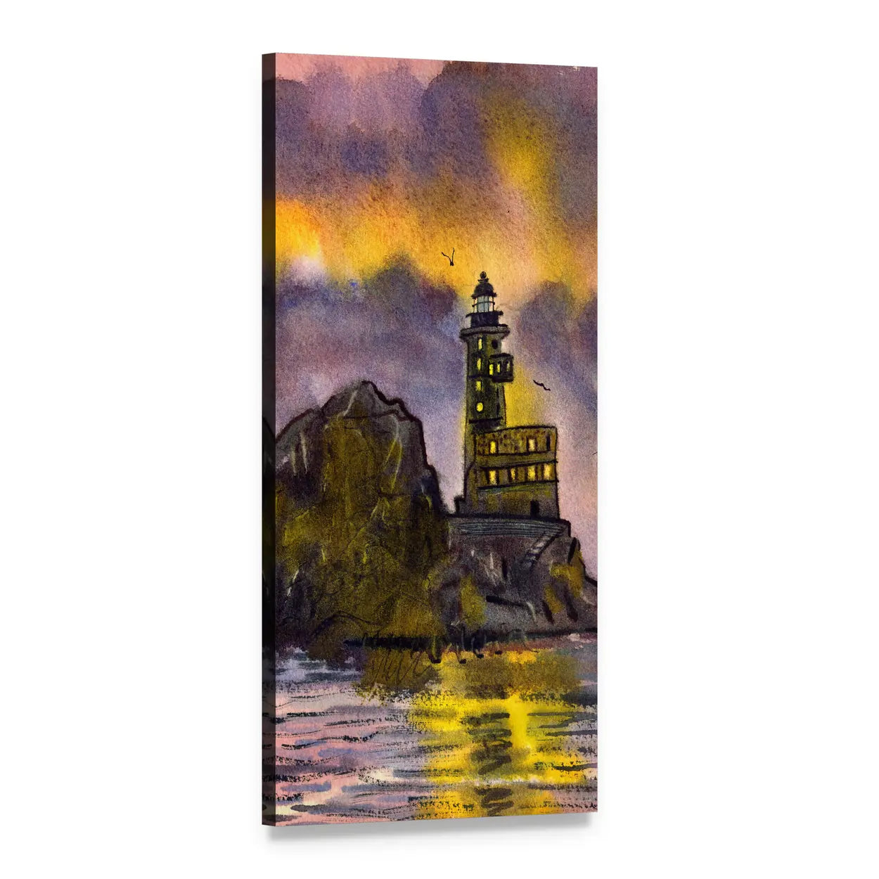 Romantic Lighthouse at Sunset Vertical Canvas Wall Art, 1 panel 1 Vertical layout gallery wrapped canvas set, angled product view