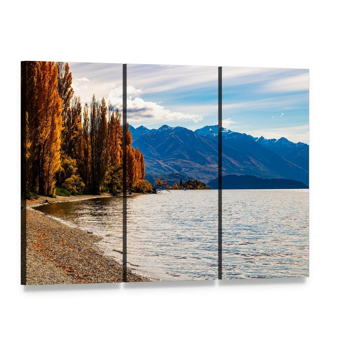 Autumn Trees at Wanaka Lake Canvas Wall Art, 3 panel 3 Horizontal layout gallery wrapped canvas set, angled product view
