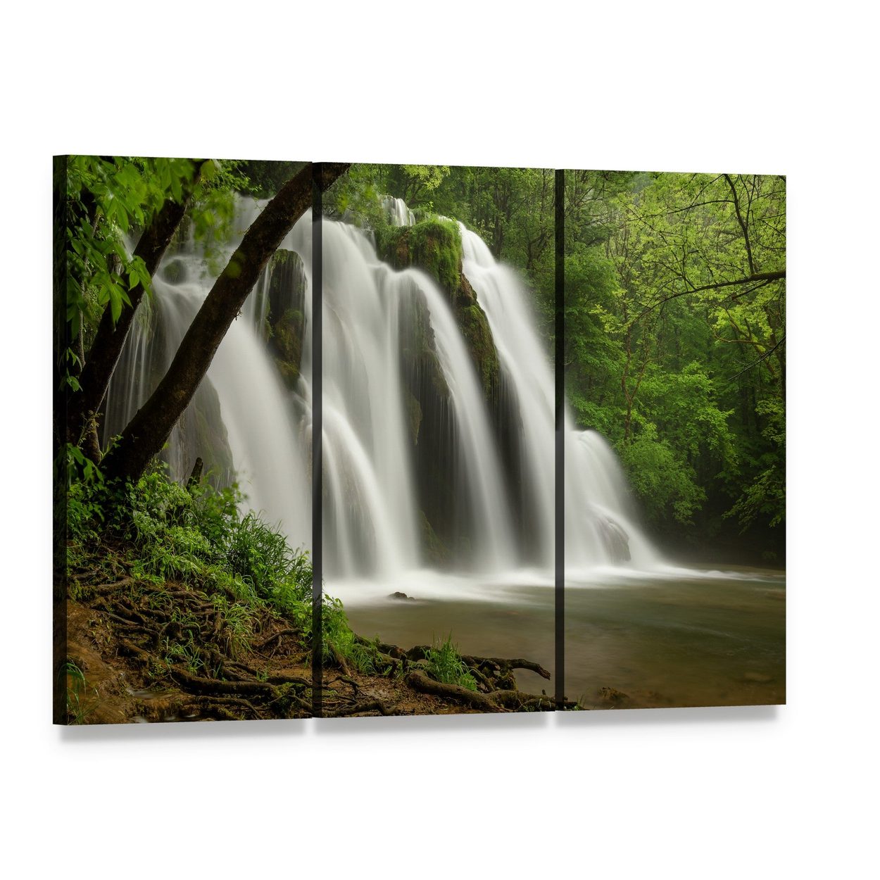 Jura Mountains Waterfall Canvas Wall Art, 3 panel 3 Horizontal layout gallery wrapped canvas set, angled product view