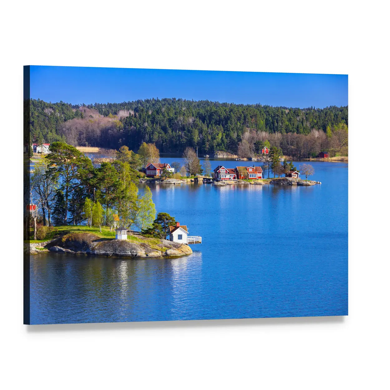 Rural Swedish Coastal Village Landscape Canvas Wall Art, single panel gallery wrapped canvas, angled product view