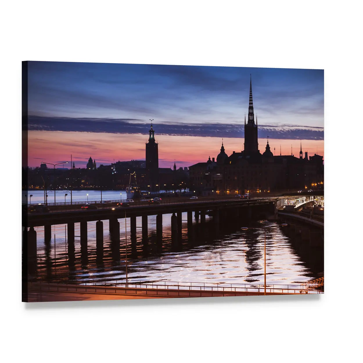 Stockholm Sunset Skyline with Church Spire Canvas Wall Art, single panel gallery wrapped canvas, angled product view
