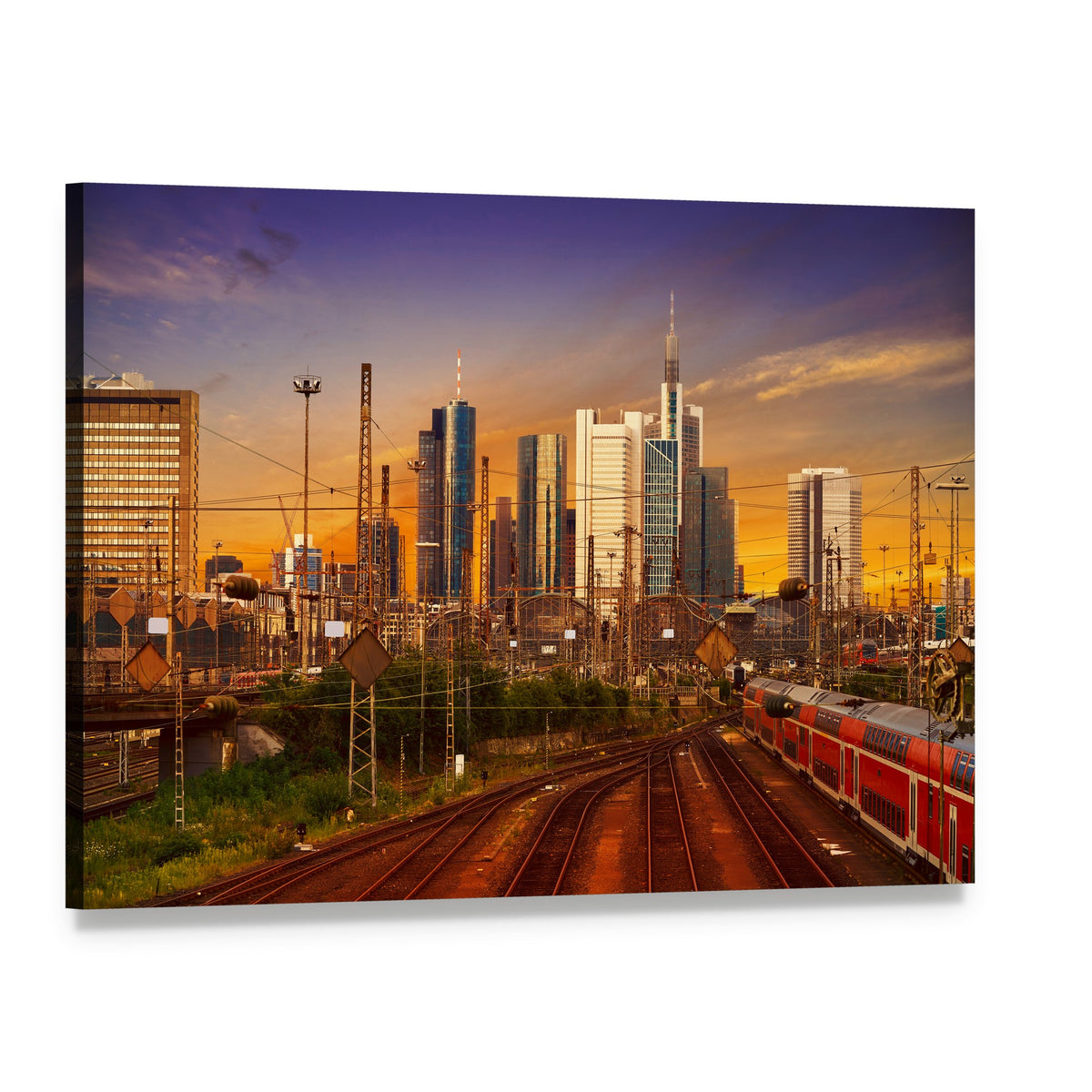 Frankfurt Railway Station Skyline at Sunset Canvas Wall Art, single panel gallery wrapped canvas, angled product view