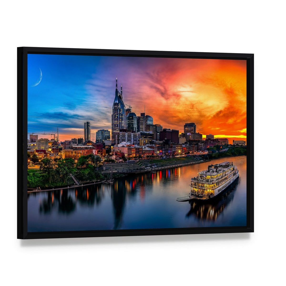 Nashville Skyline at Sunset Canvas Wall Art, framed canvas in a black floater frame, angled product view