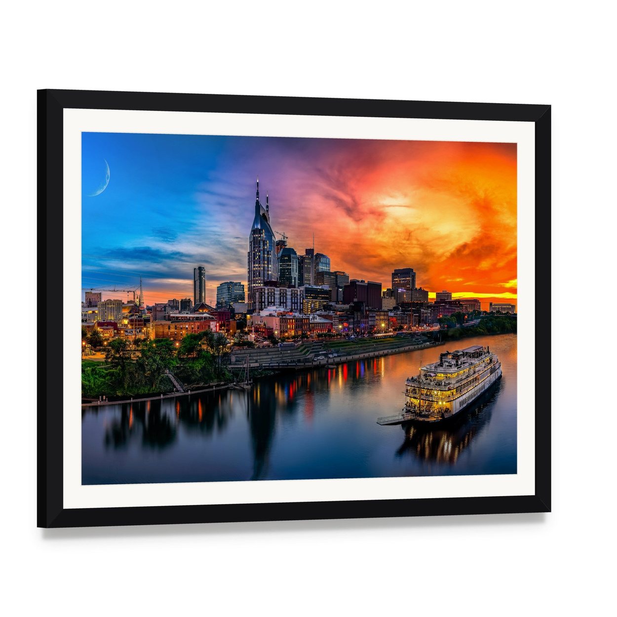 Nashville Skyline at Sunset Canvas Wall Art, framed print with white mat and black frame, angled product view