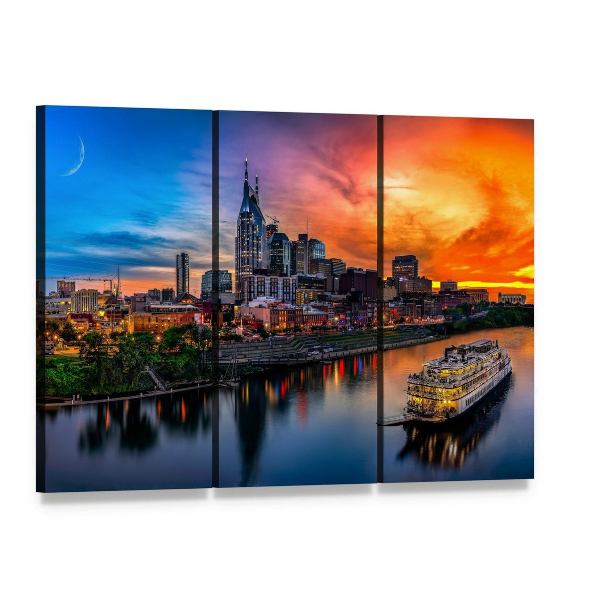 Nashville Skyline at Sunset Canvas Wall Art, 3 panel 3 Horizontal layout gallery wrapped canvas set, angled product view
