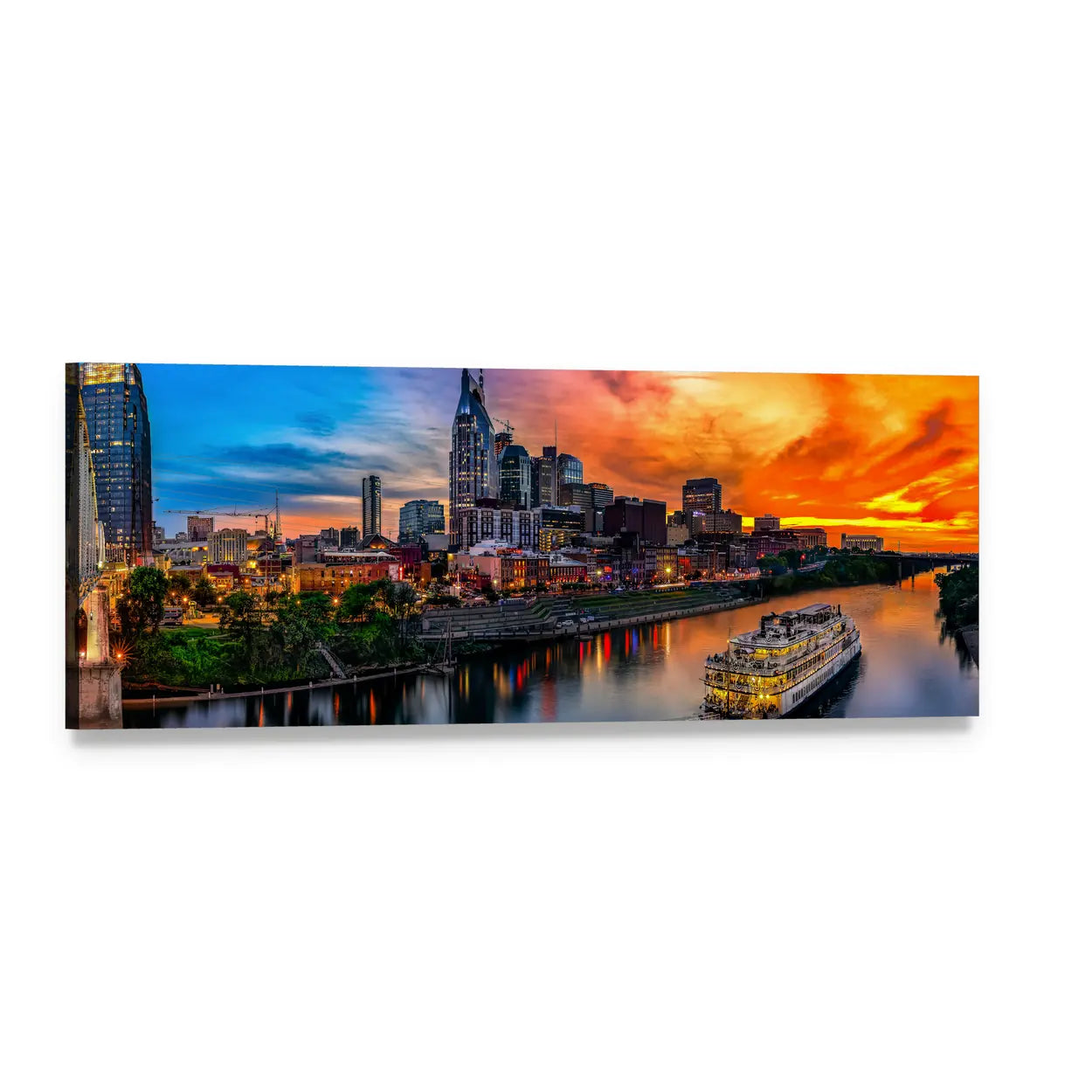 Nashville Skyline at Sunset Panoramic Canvas Wall Art, single panel gallery wrapped canvas, angled product view