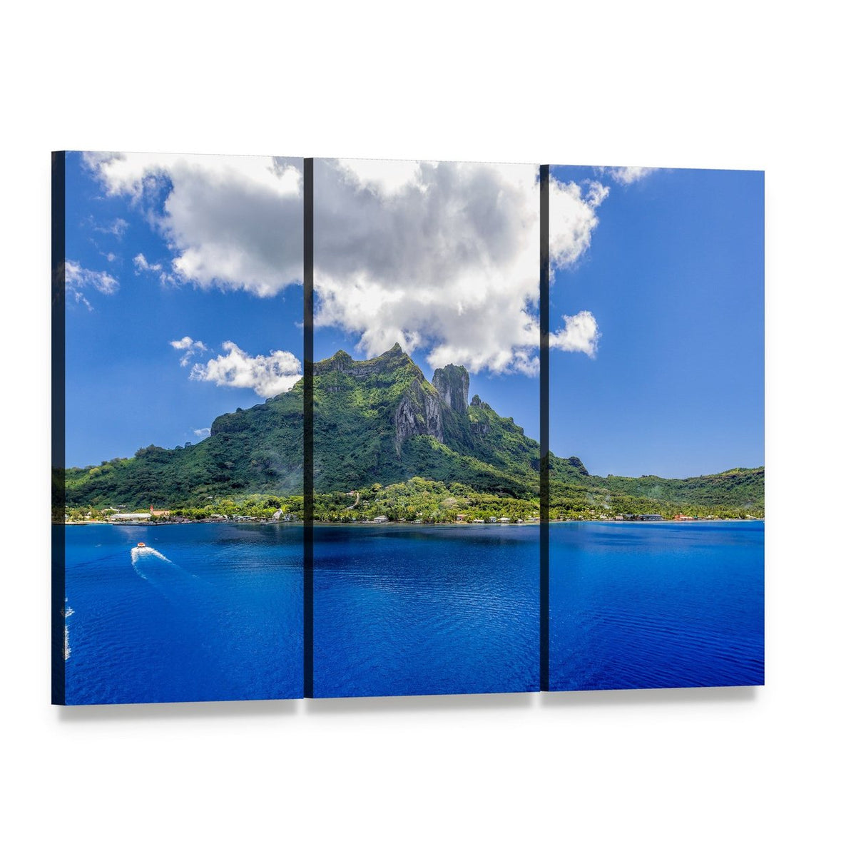 Bora Bora Mountain Over Blue Ocean Canvas Wall Art, 3 panel 3 Horizontal layout gallery wrapped canvas set, angled product view
