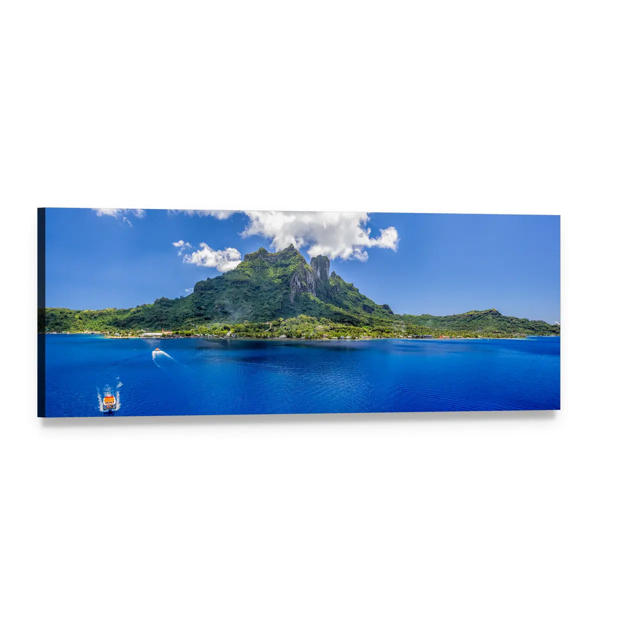 Bora Bora Mountain Seascape Panoramic Canvas Wall Art, single panel gallery wrapped canvas, angled product view