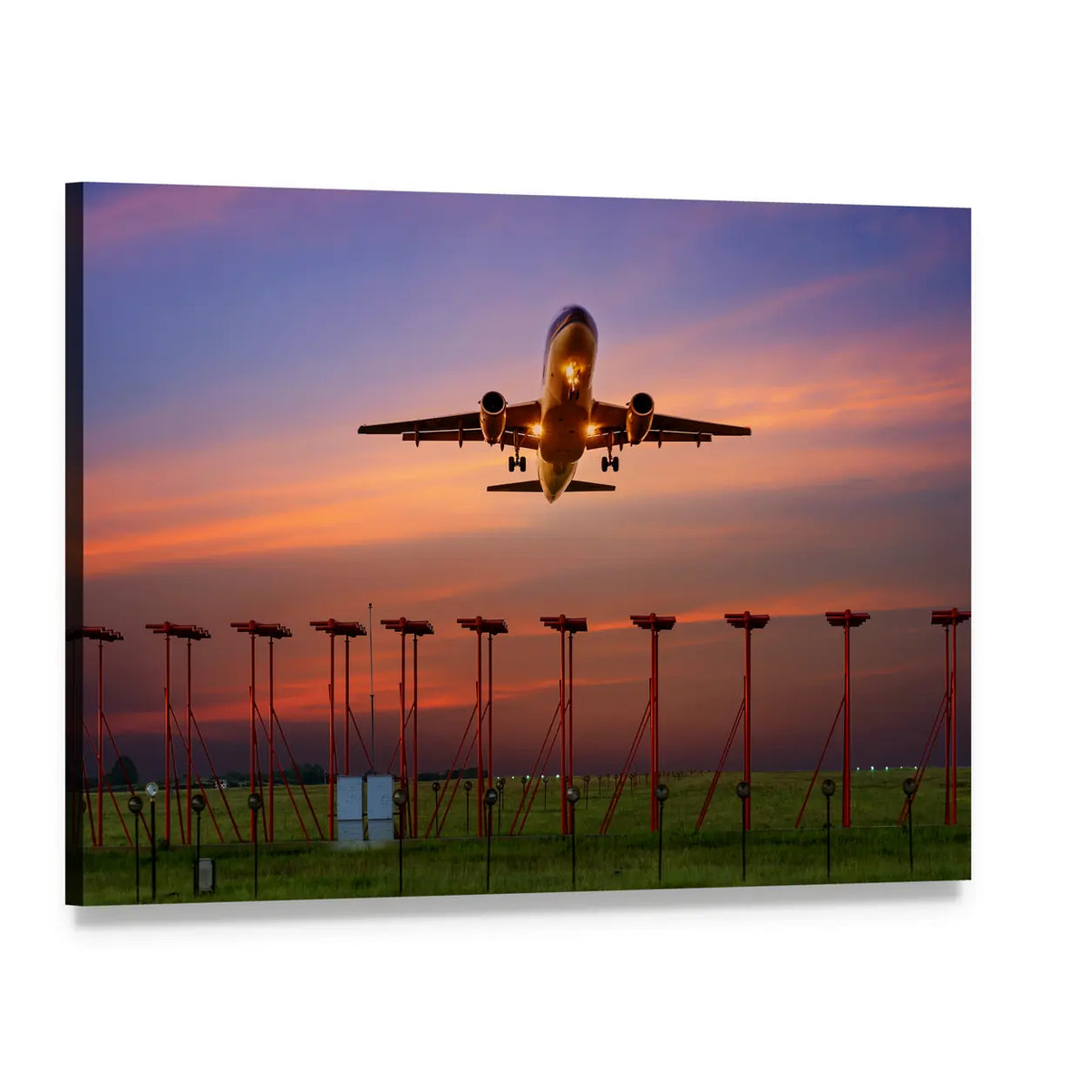 Airplane Approaching Runway at Sunset Canvas Wall Art, single panel gallery wrapped canvas, angled product view