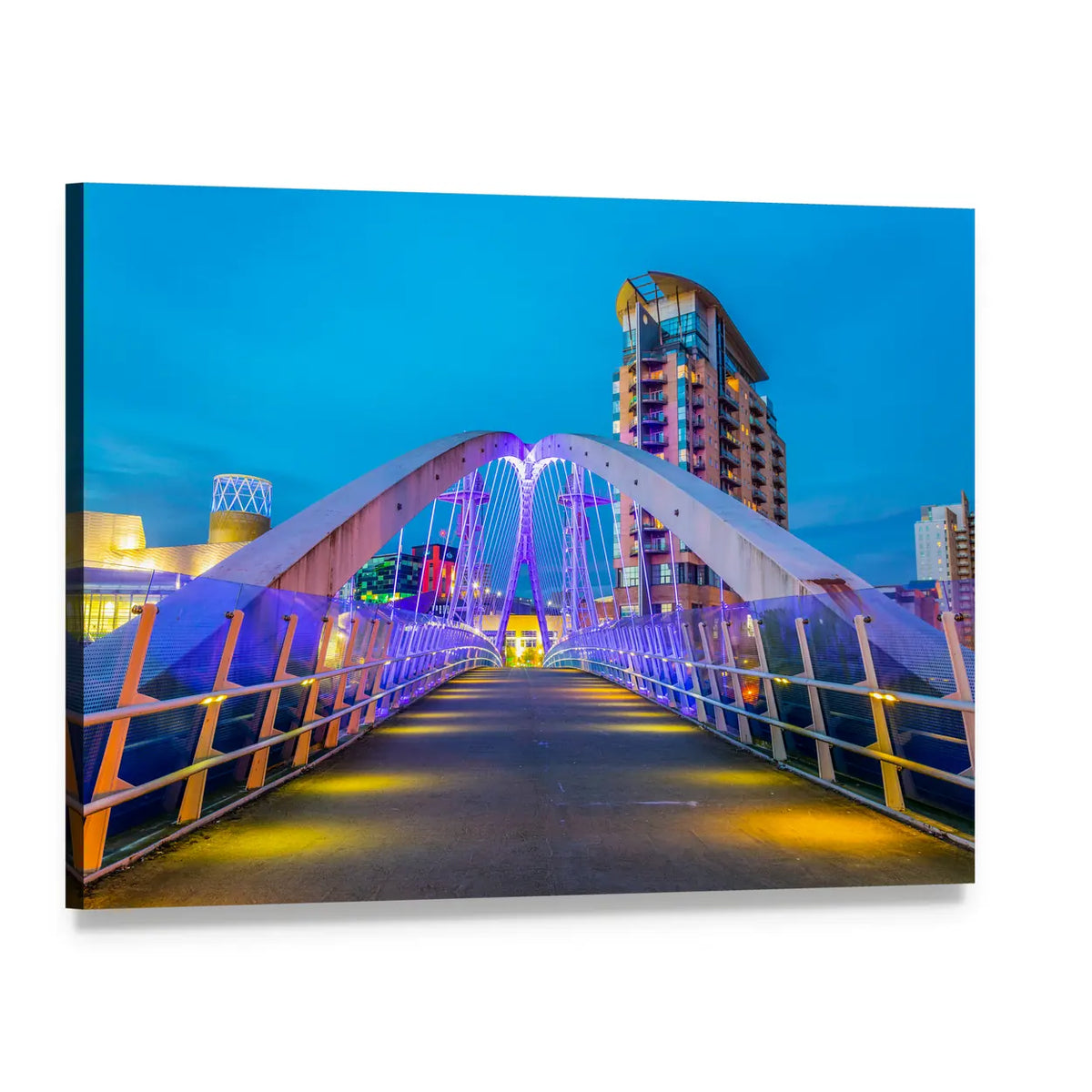 Illuminated Footbridge in Salford Canvas Wall Art, single panel gallery wrapped canvas, angled product view