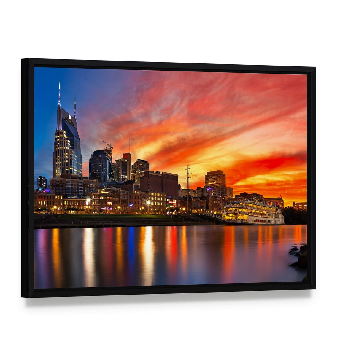 Nashville Skyline at Sunset Canvas Wall Art, framed canvas in a black floater frame, angled product view