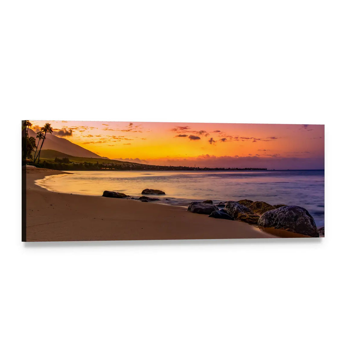Sunset Beach with Silhouetted Palms Panoramic Canvas Wall Art, single panel gallery wrapped canvas, angled product view