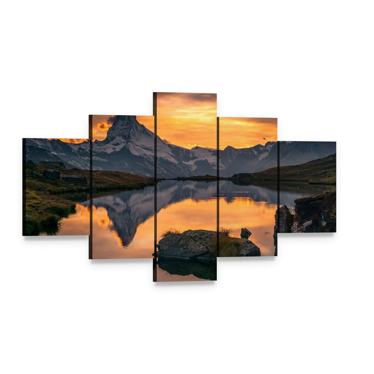 Matterhorn at Sunset Canvas Wall Art, 5 panel 5 Star layout gallery wrapped canvas set, angled product view