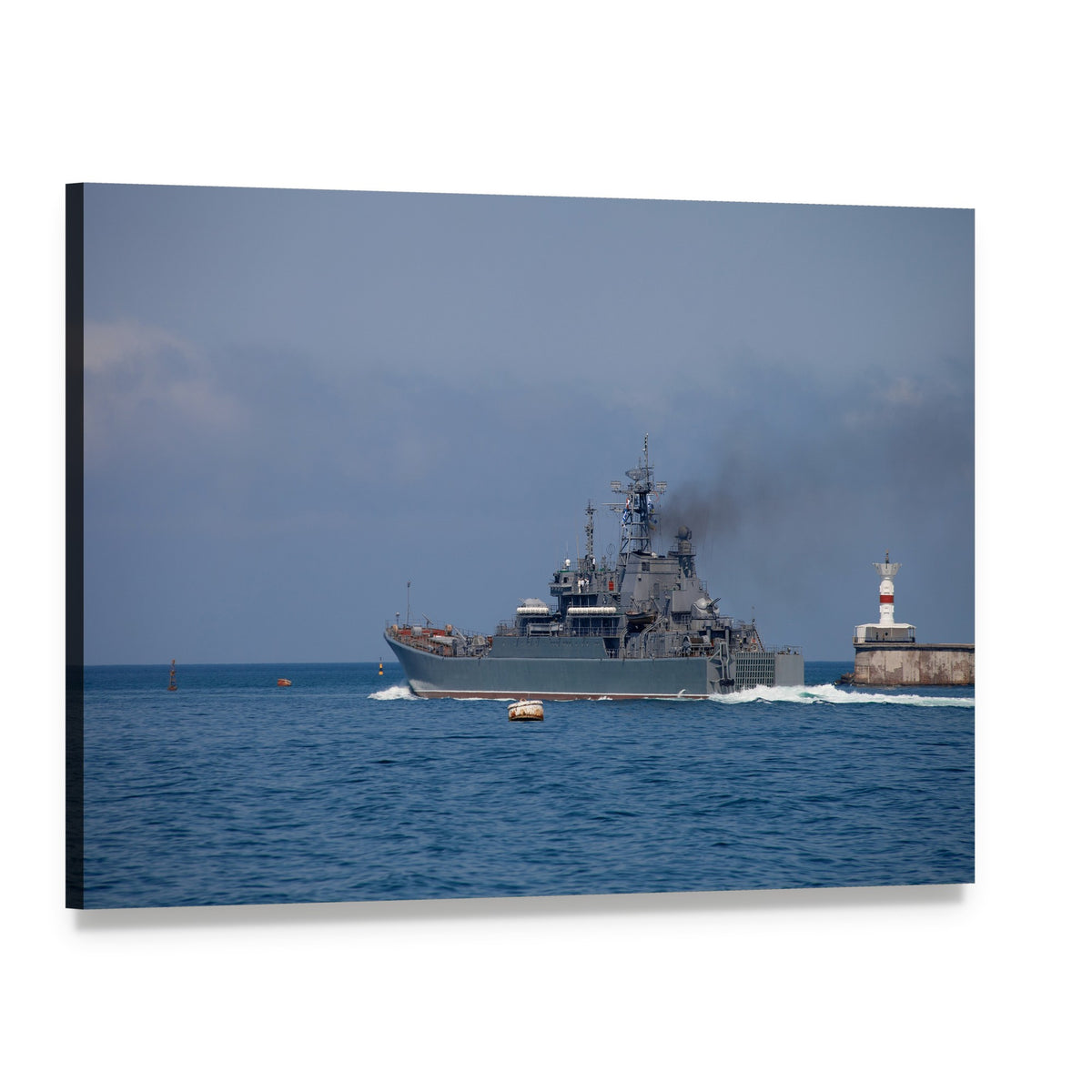 Warship Leaving the Bay Canvas Wall Art, single panel gallery wrapped canvas, angled product view