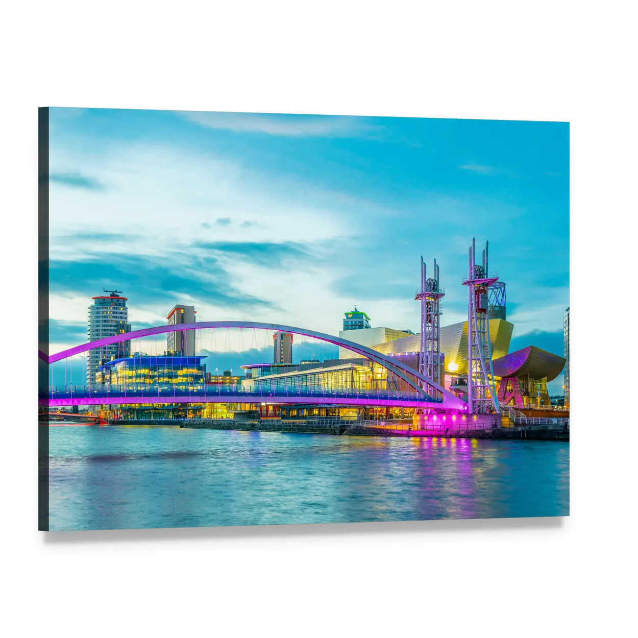 The Lowry Theater and Manchester Skyline Canvas Wall Art, single panel gallery wrapped canvas, angled product view