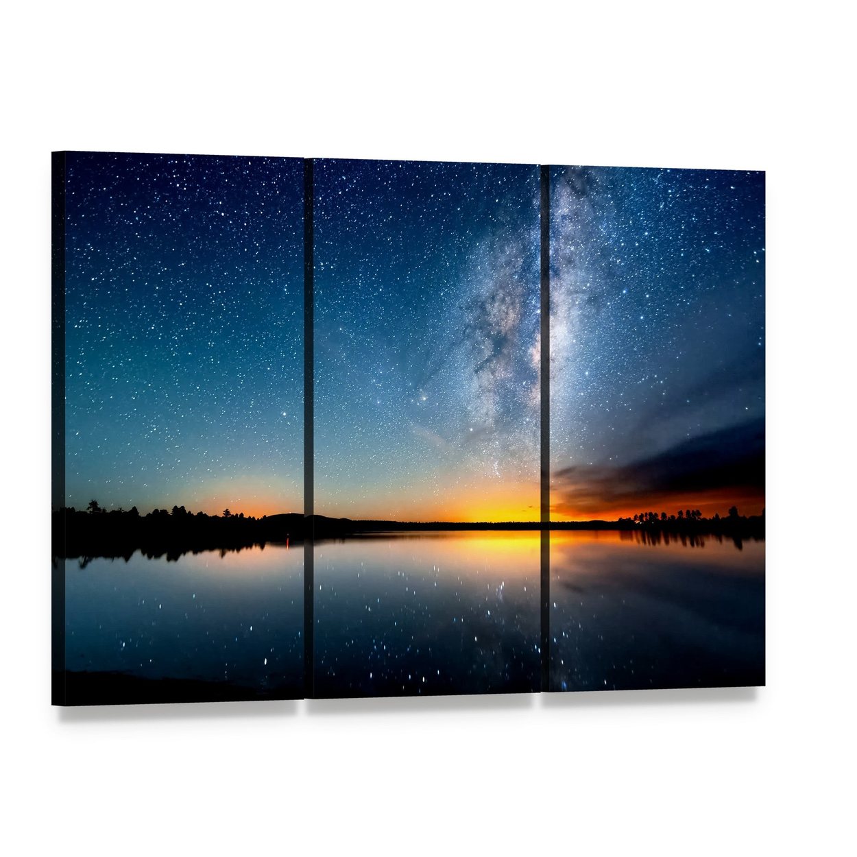 Milky Way Over Lake at Sunset Canvas Wall Art, 3 panel 3 Horizontal layout gallery wrapped canvas set, angled product view