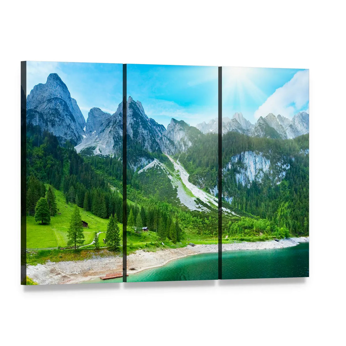 Summer Alpine Mountain Lake Canvas Wall Art, 3 panel 3 Horizontal layout gallery wrapped canvas set, angled product view