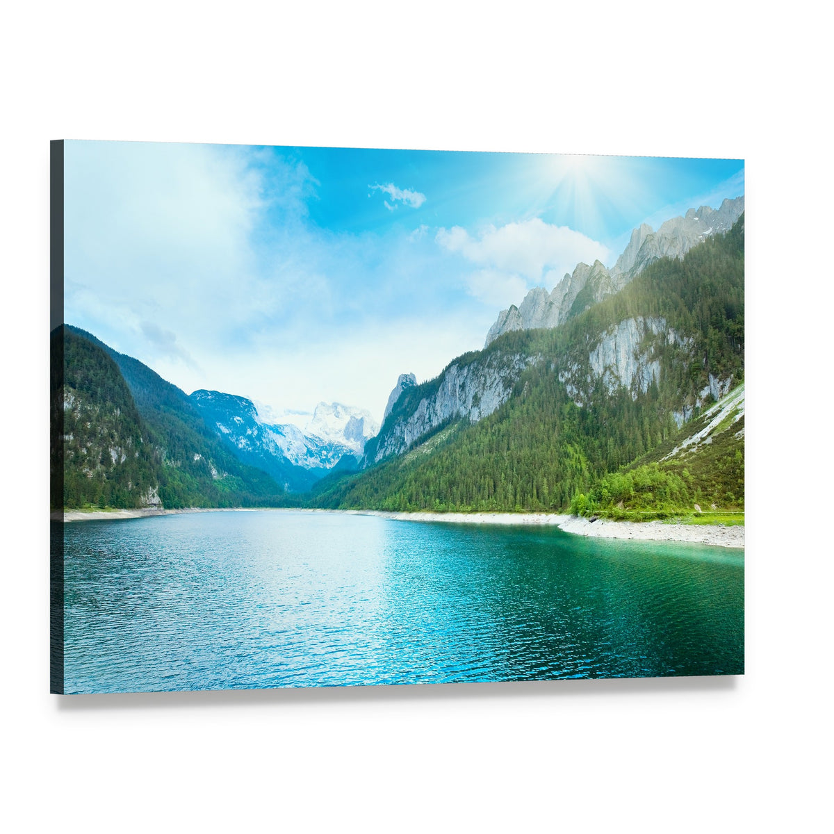 Summer Alpine Lake Gosausee View and Sunshine Canvas Wall Art, single panel gallery wrapped canvas, angled product view