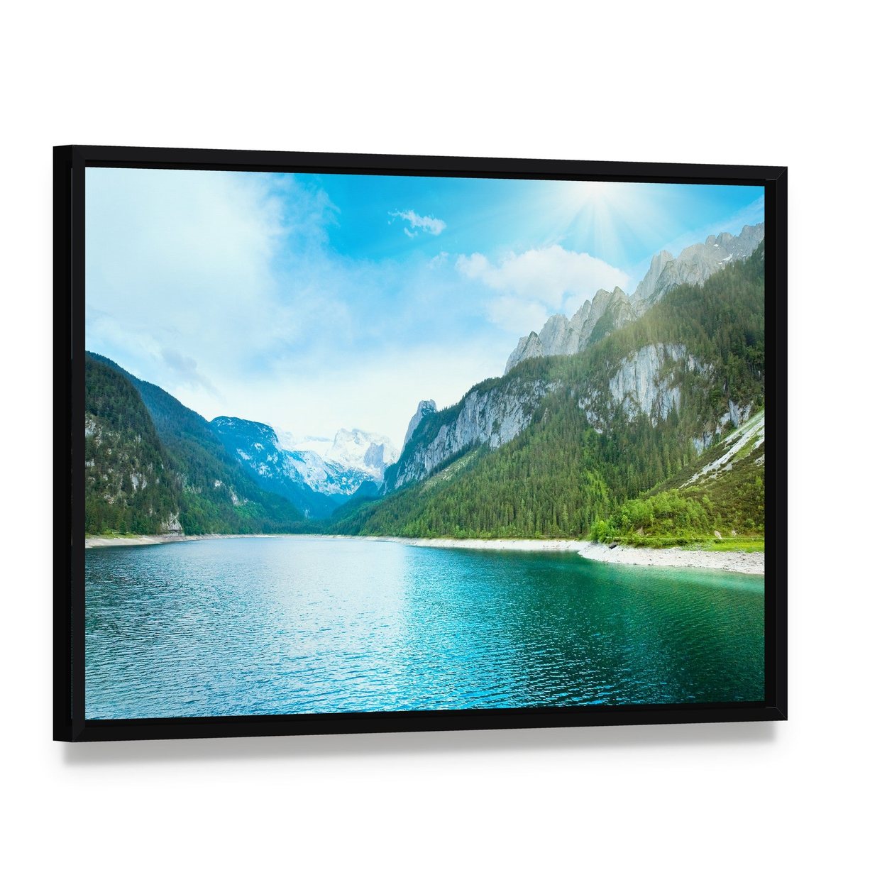 Summer Alpine Lake Gosausee View and Sunshine Canvas Wall Art, framed canvas in a black floater frame, angled product view