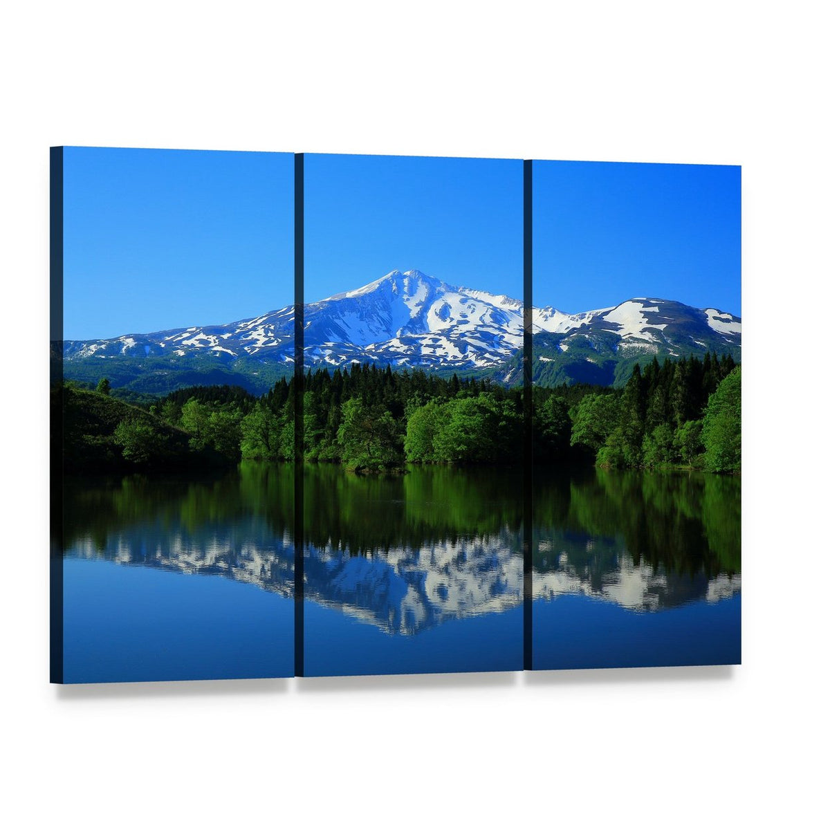Green Mountain Reflected in Calm Lake Canvas Wall Art, 3 panel 3 Horizontal layout gallery wrapped canvas set, angled product view