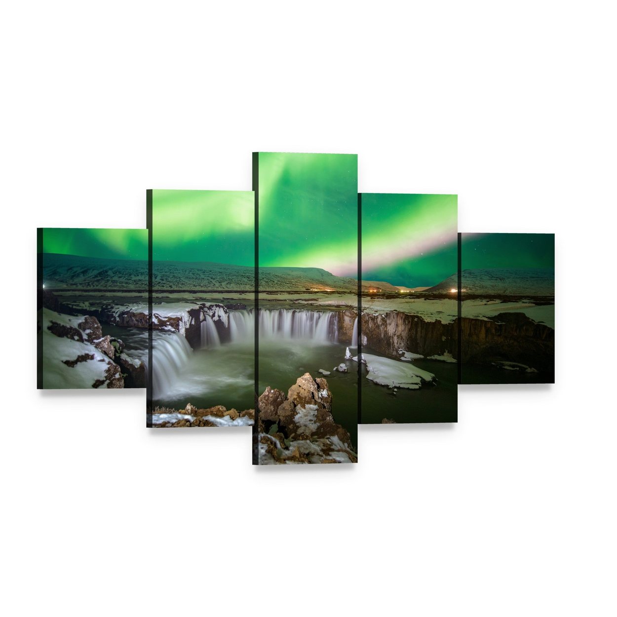 Godafoss Waterfall and Aurora Canvas Wall Art, 5 panel 5 Star layout gallery wrapped canvas set, angled product view