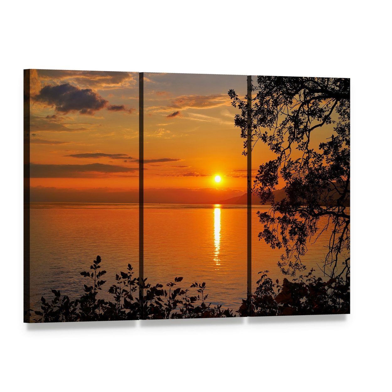 Geneva Lake at Sunset Canvas Wall Art, 3 panel 3 Horizontal layout gallery wrapped canvas set, angled product view
