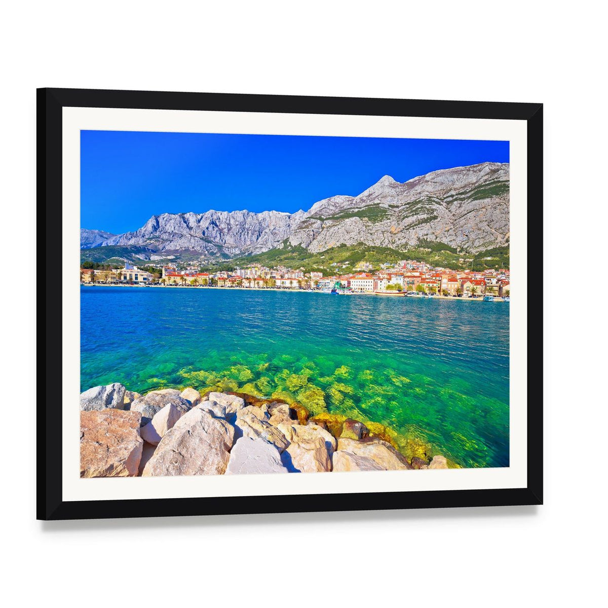 Makarska Turquoise Waterfront Seascape Canvas Wall Art, framed print with white mat and black frame, angled product view