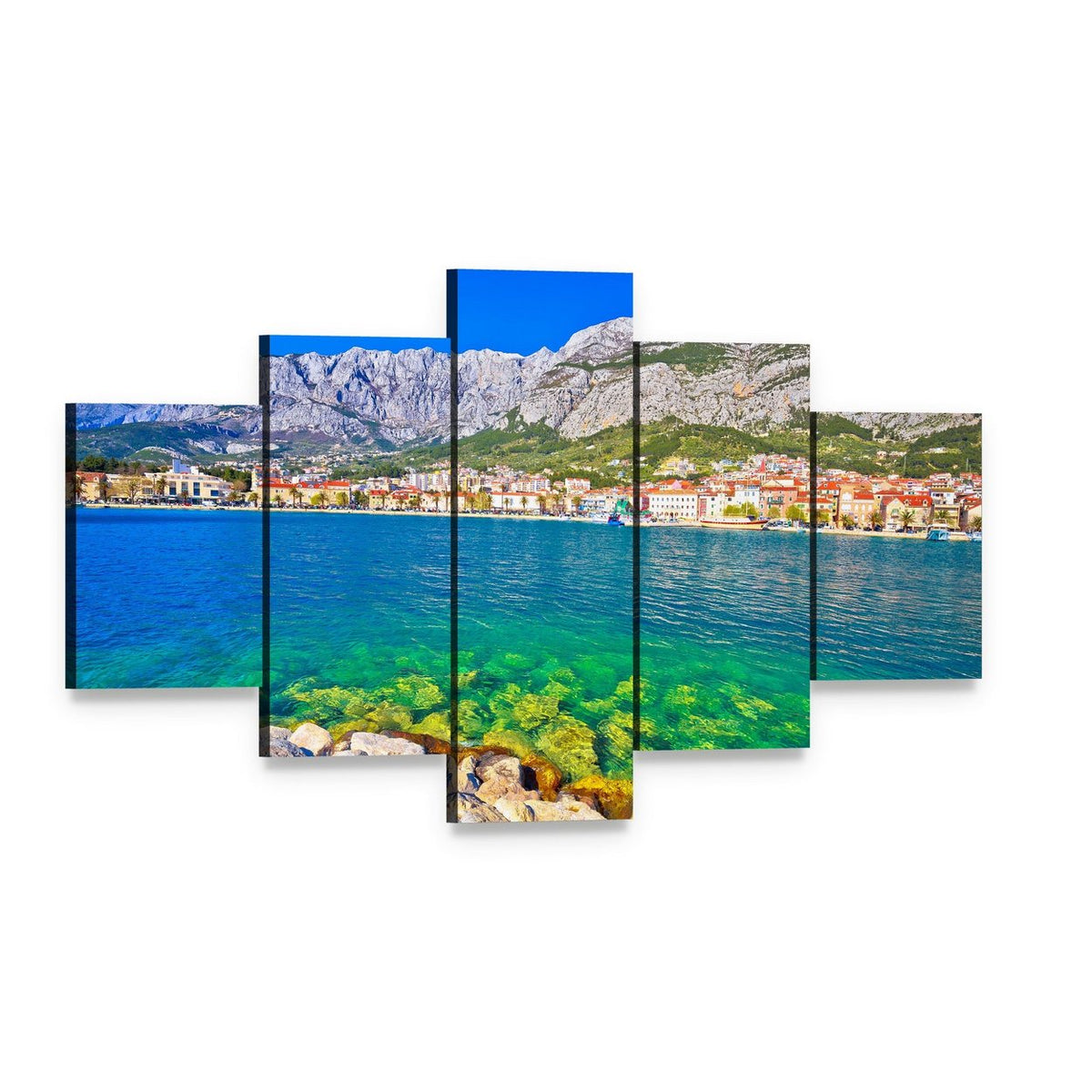 Makarska Turquoise Waterfront Seascape Canvas Wall Art, 5 panel 5 Star layout gallery wrapped canvas set, angled product view