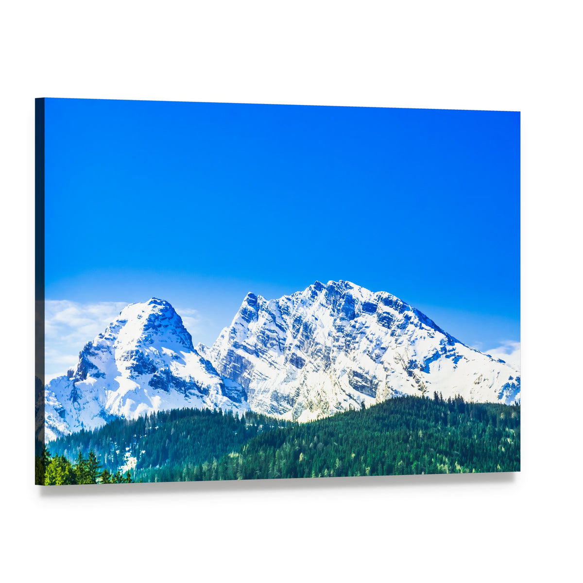 Snowy Mountain and Evergreen Forest View Canvas Wall Art, single panel gallery wrapped canvas, angled product view