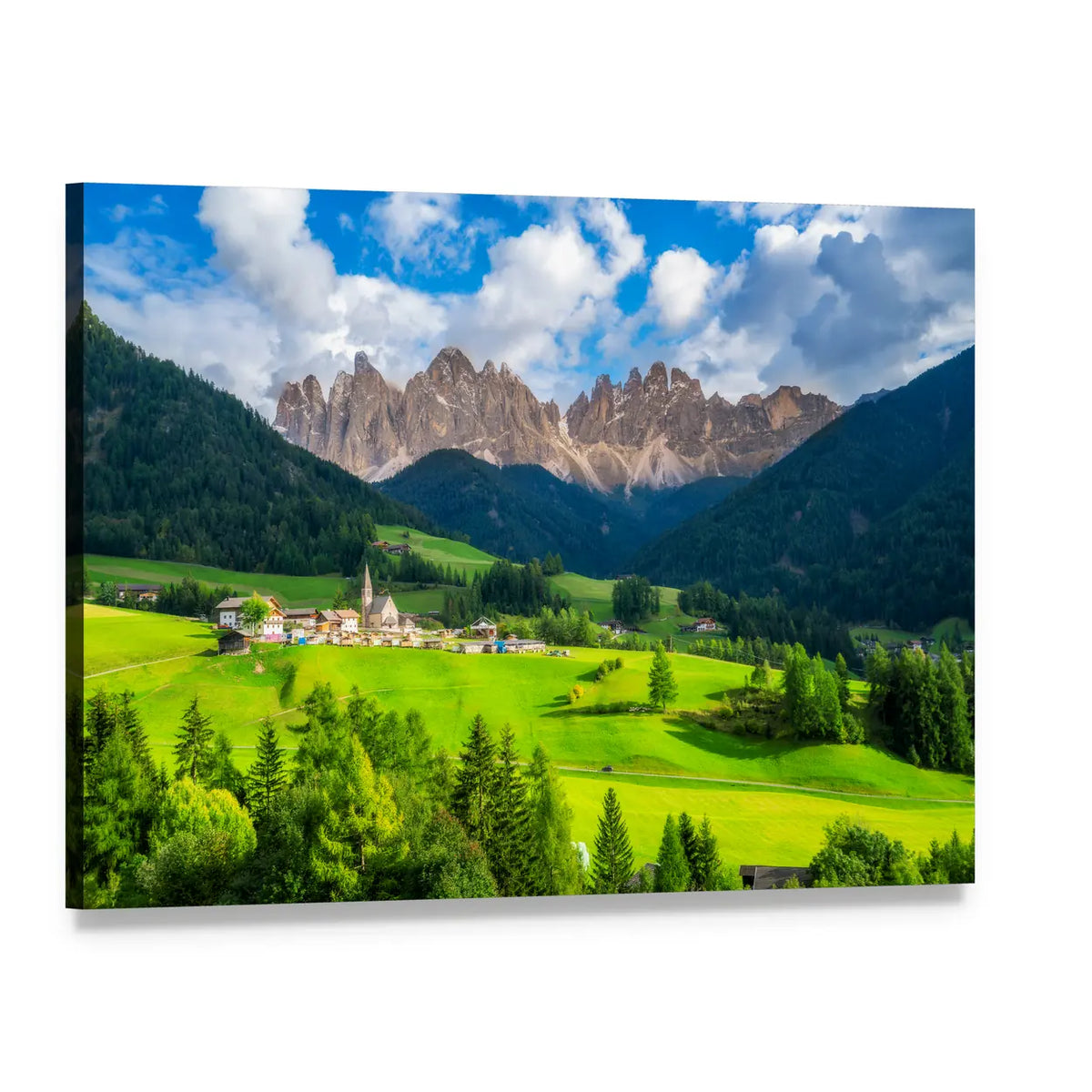 St Magdalena and the Odle Dolomites Canvas Wall Art, single panel gallery wrapped canvas, angled product view